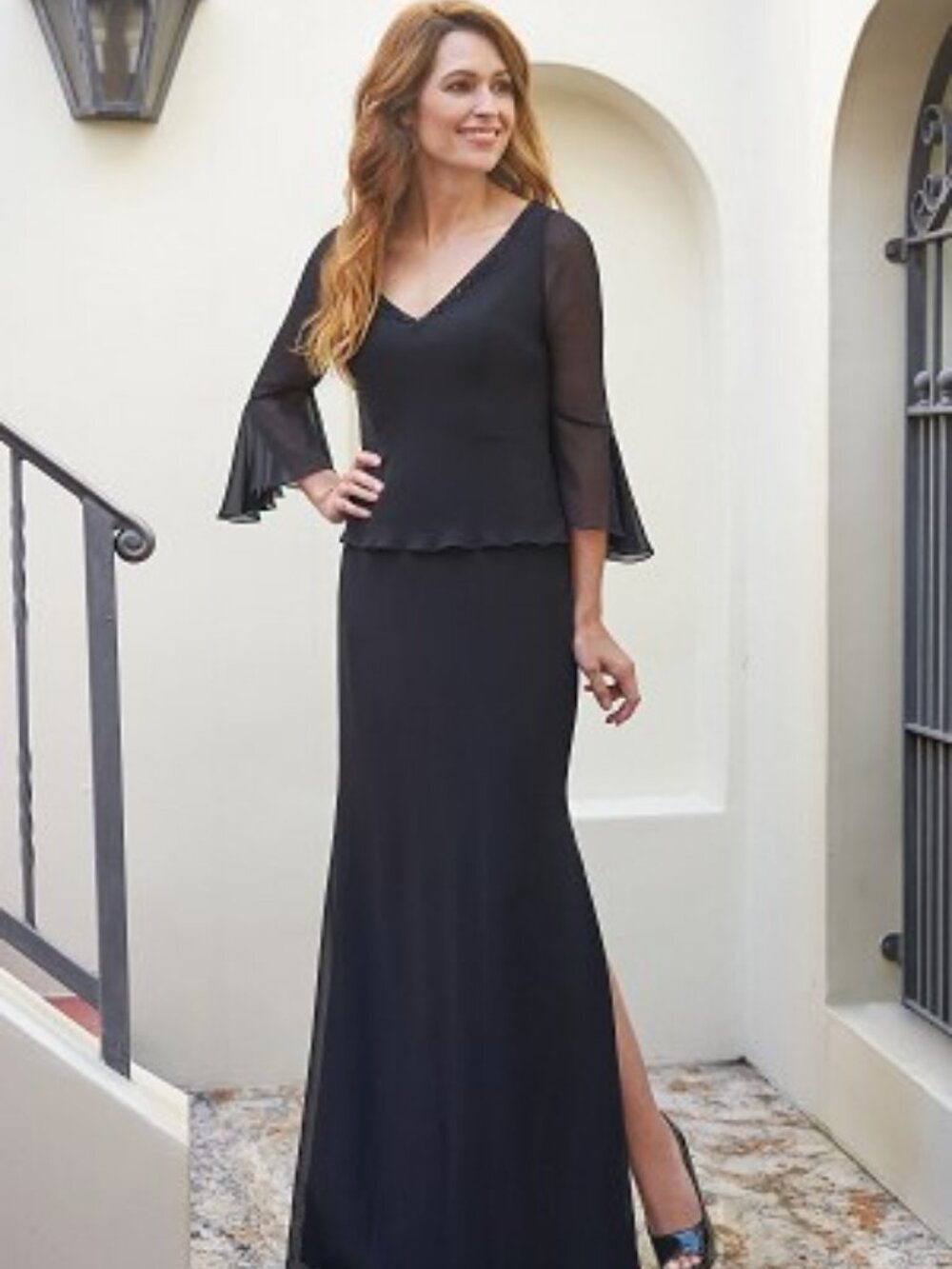 Jade Couture Long Black Mother of Bride/Groom Dress Long Bell Sleeve Vneck